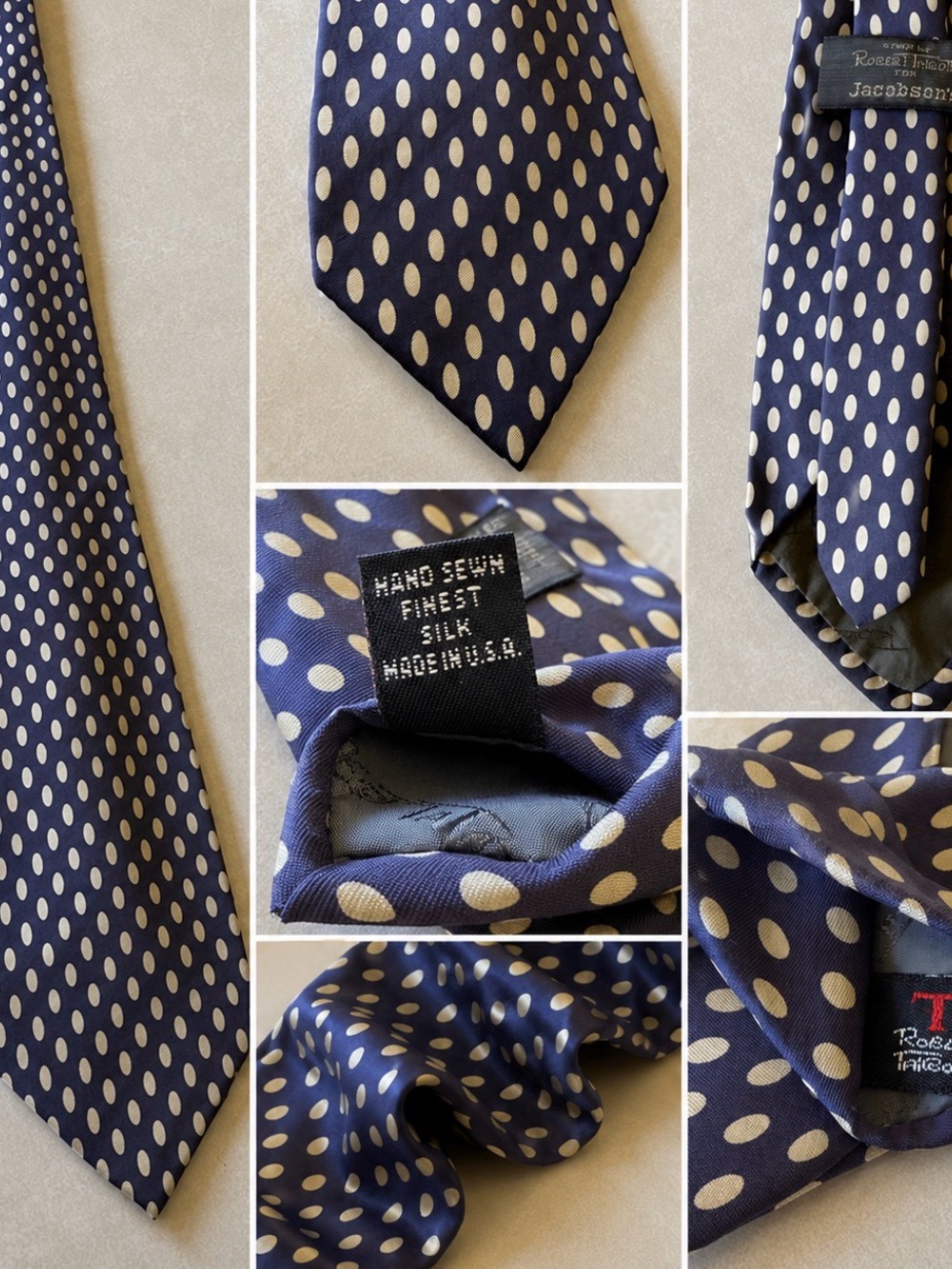 Vintage Robert Talbott Navy Blue Polka Dot 100% Silk Tie Made USA